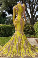 Chic Yellow Long Mermaid High Neck Tulle Lace Semi Formal Dresses with Sleeves